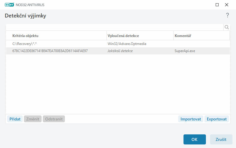 Detekční výjimky Detekční výjimky