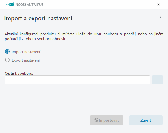 Import a export nastavení Import a export nastavení
