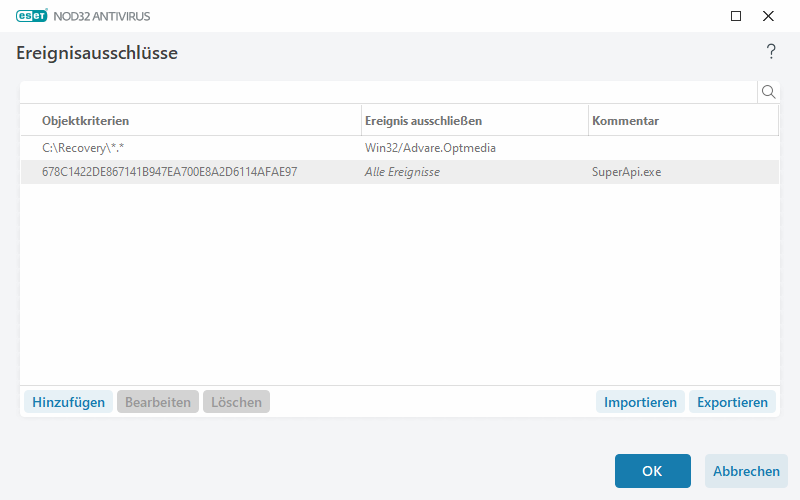 Ereignisausschlüsse Ereignisausschlüsse