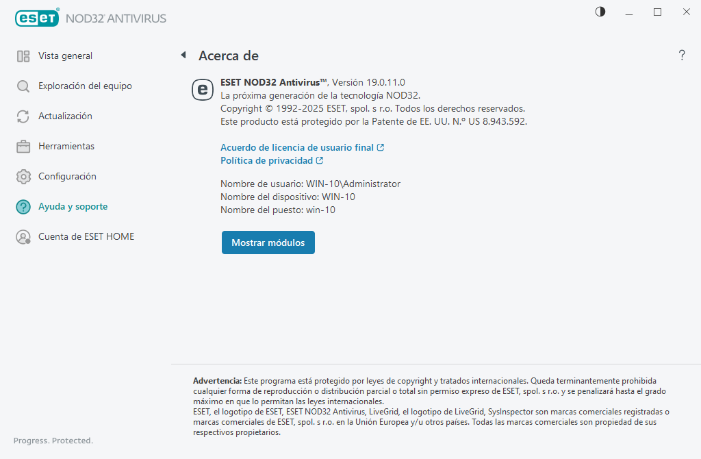 Detalles sobre la versión instalada