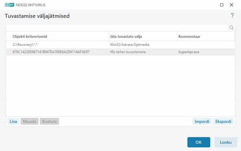Tuvastamise väljajätmised Tuvastamise väljajätmised