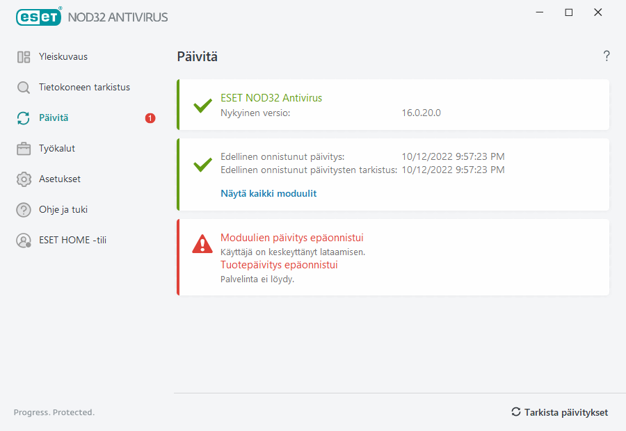 Moduulien päivitys epäonnistui Moduulien päivitys epäonnistui