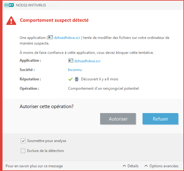 Comportement d'un rançongiciel potentiel détecté Comportement d'un rançongiciel potentiel détecté