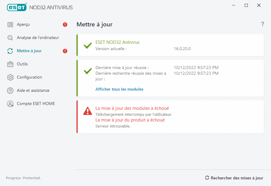 La mise à jour des modules a échoué La mise à jour des modules a échoué