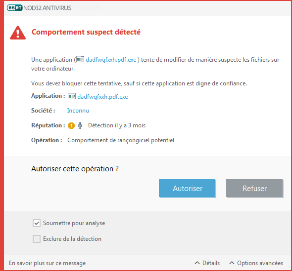 Comportement de rançongiciel potentiel détecté Comportement de rançongiciel potentiel détecté
