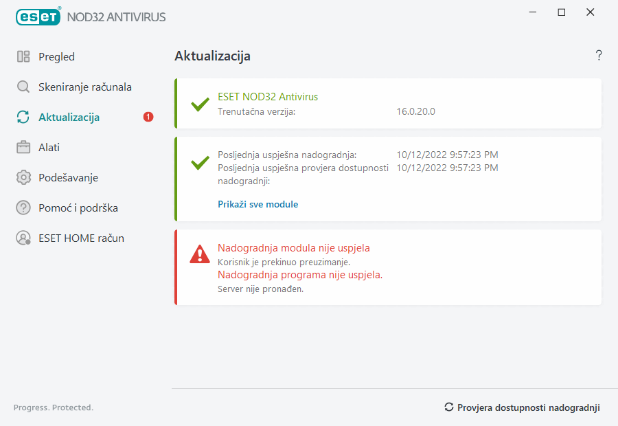 Nadogradnja modula nije uspjela