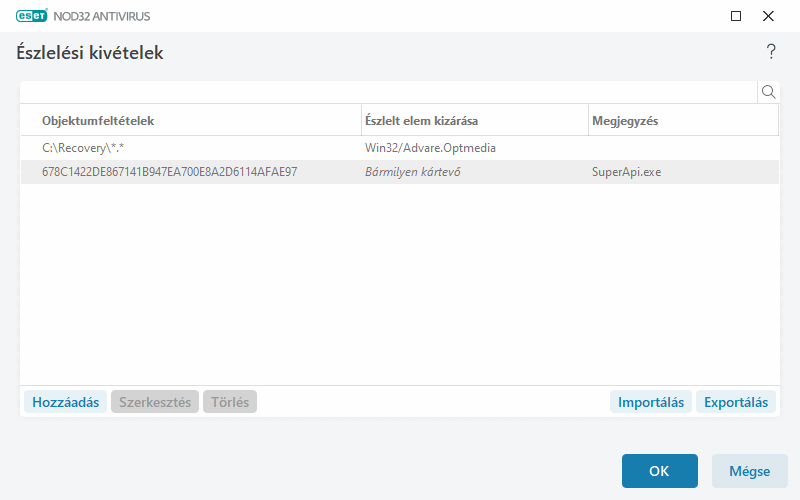 Észlelési kivételek Észlelési kivételek