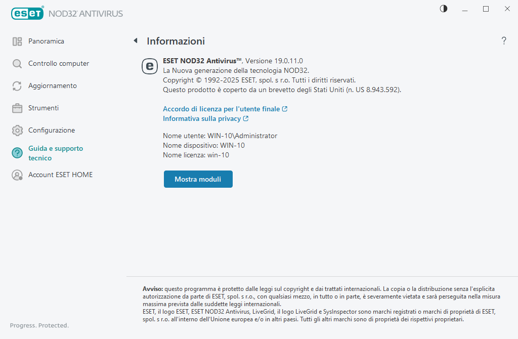 Dettagli sulla versione installata