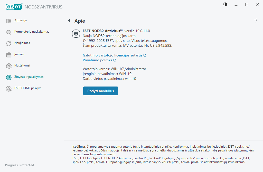 Išsami informacija apie įdiegtą versiją