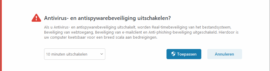 Melding over antivirus- en antispywarebeveiliging uitschakelen Melding over antivirus- en antispywarebeveiliging uitschakelen