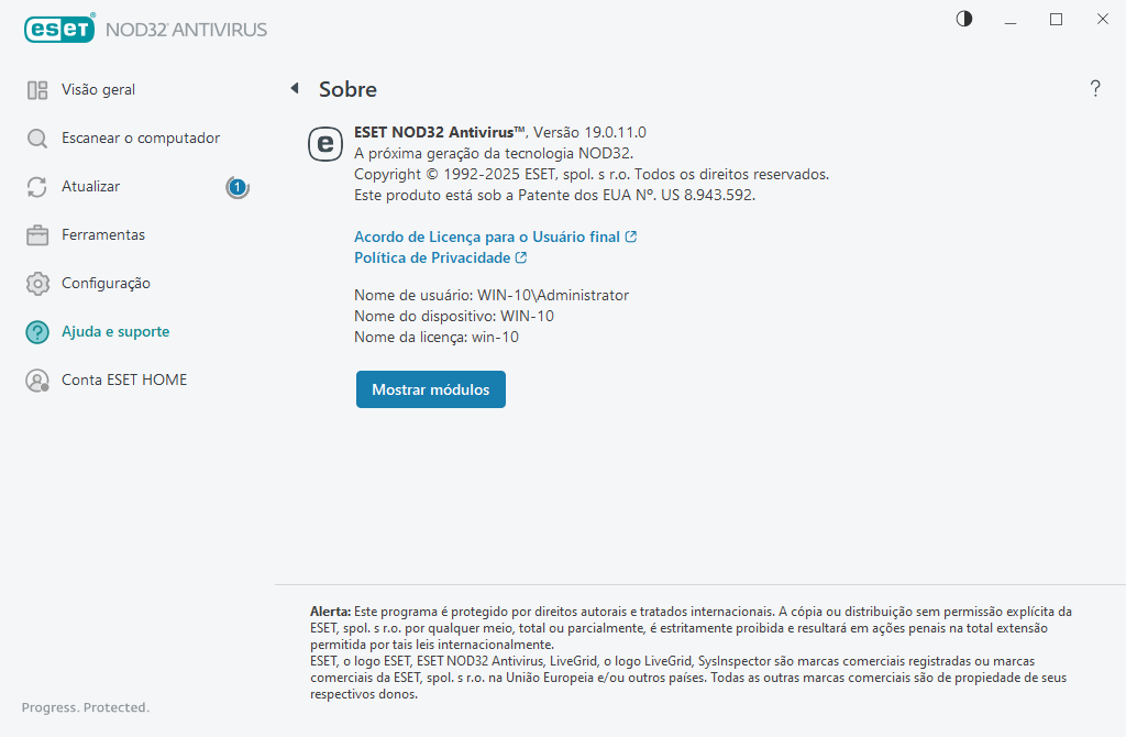 Detalhes sobre a versão instalada Detalhes sobre a versão instalada
