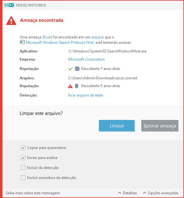 Ameaça encontrada Ameaça encontrada