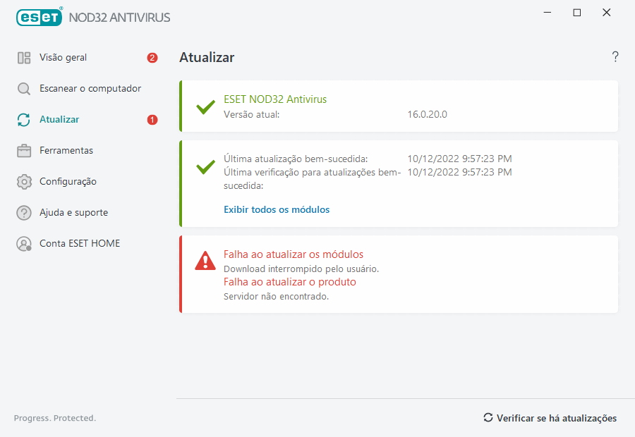 Falha ao atualizar os módulos Falha ao atualizar os módulos