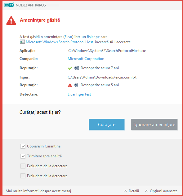 Amenințare găsită Amenințare găsită