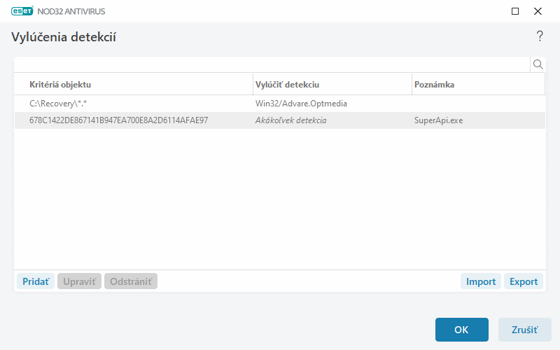 Vylúčenia detekcií Vylúčenia detekcií