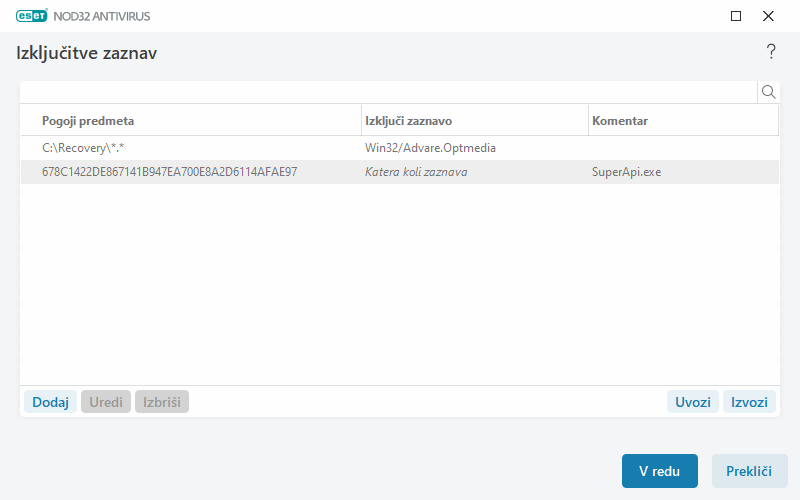 Izključitve zaznav Izključitve zaznav