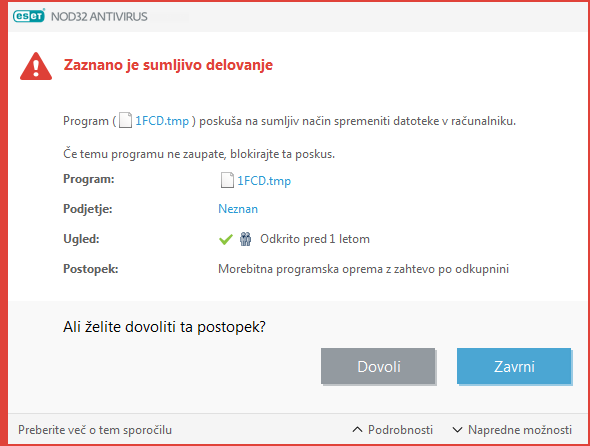 Zaznana morebitna programska oprema z zahtevo po odkupnini