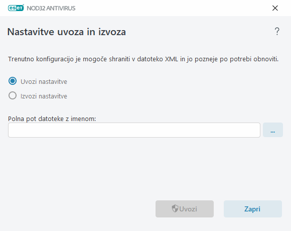 Uvoz in izvoz nastavitev