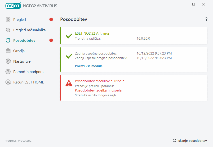 Posodobitev modulov ni uspela