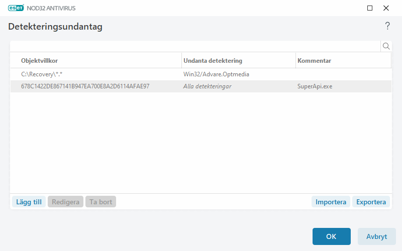 Detekteringsundantag Detekteringsundantag