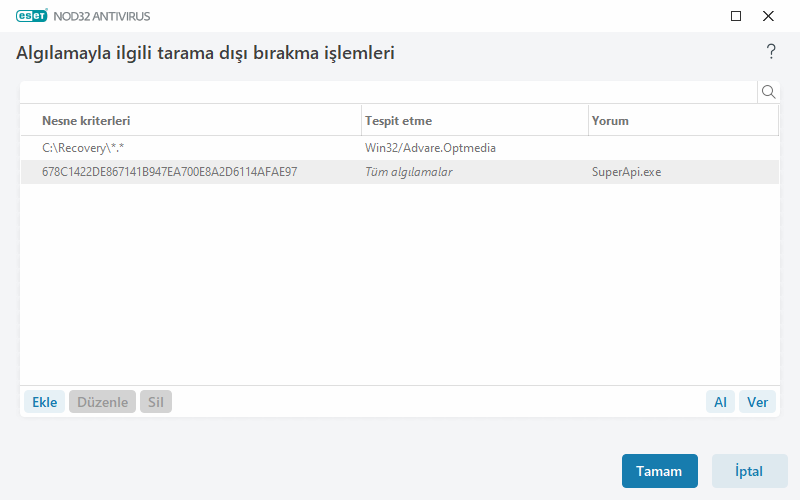Algılamayla ilgili tarama dışı bırakma işlemleri