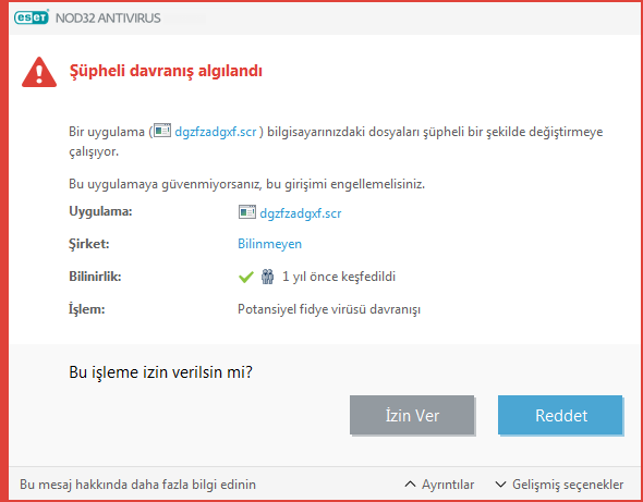 Potansiyel fidye virüsü davranışı algılandı Potansiyel fidye virüsü davranışı algılandı