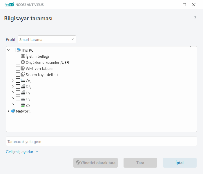 Özel tarama Özel tarama