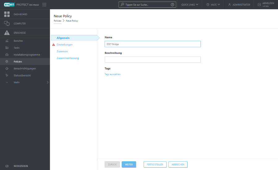 Grundlegende Policy-Einstellungen für den ESET Management Agenten (Name, Beschreibung und Tags) Grundlegende Policy-Einstellungen für den ESET Management Agenten (Name, Beschreibung und Tags)