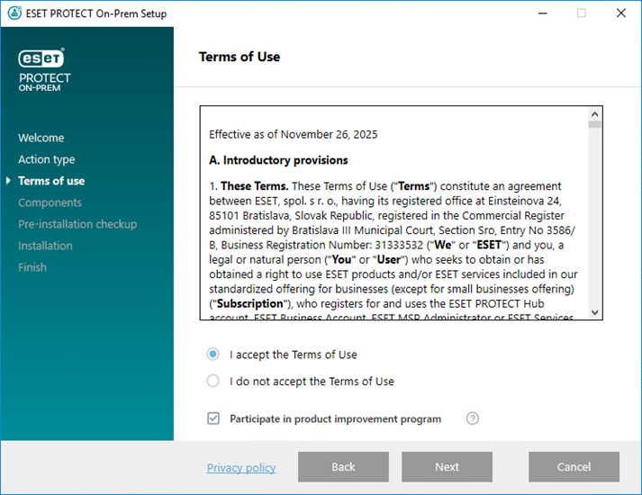 ESET PROTECT All-in-one installer Terms of Use
