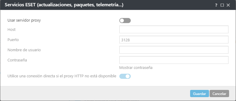 Configuraciones de la política de proxy de servicios del agente ESET Management