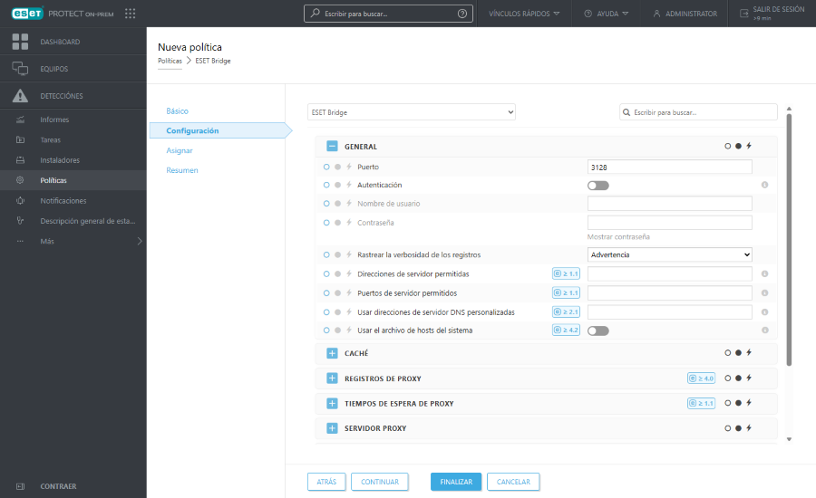 Configuraciones de la política de ESET Bridge