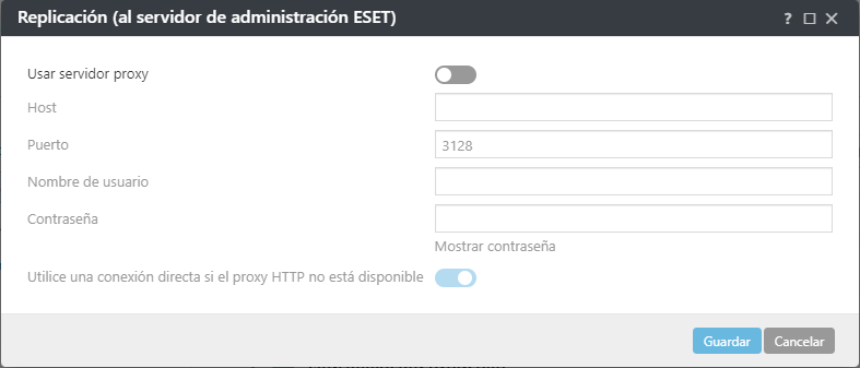 Configuraciones de políticas de replicación de proxy del agente ESET Management