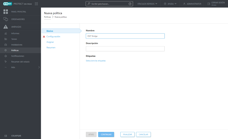 Configuración de la política de aplicación de seguridad de ESET (nombre, descripción y etiquetas)