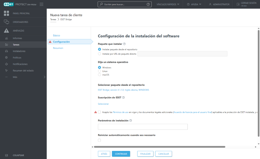 Configuración de la tarea del cliente Instalación de software
