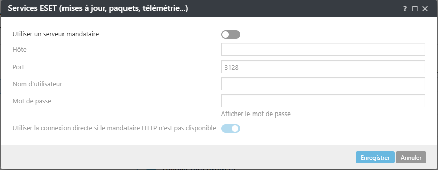 Paramètres de la politique de mandataire des services&nbsp;ESET de l'agent ESET Management