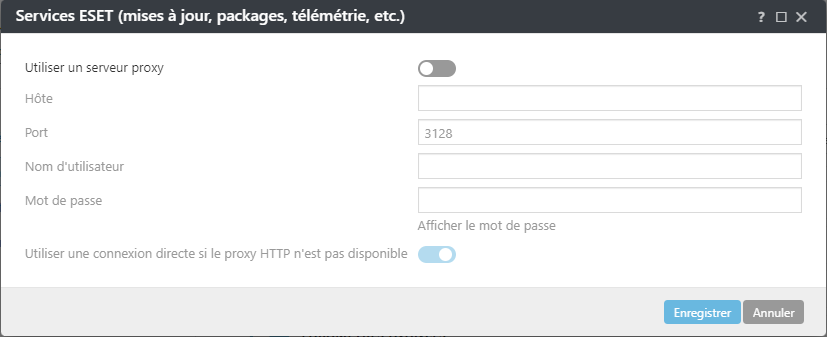 Paramètres de politique de proxy des Services ESET ESET Management Agent