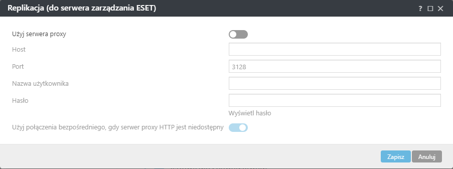 Ustawienia polityki serwera proxy replikacji agenta ESET Management Ustawienia polityki serwera proxy replikacji agenta ESET Management