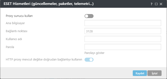 ESET Management Agent ESET Hizmetleri proxy ilke ayarları