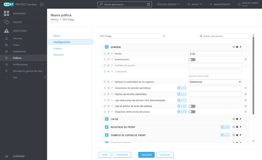 Configuraciones de la política de ESET Bridge