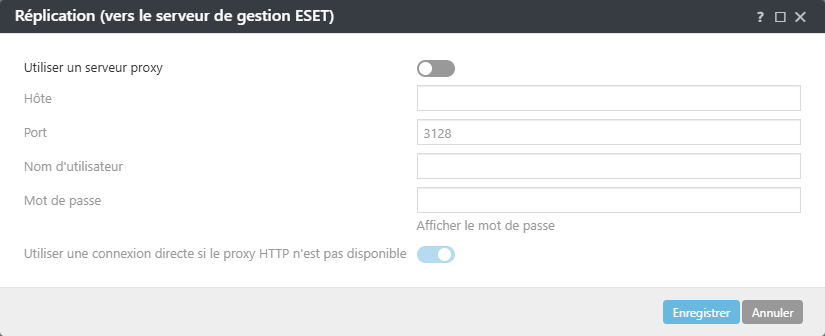 Paramètres de politique de proxy de réplication ESET Management Agent