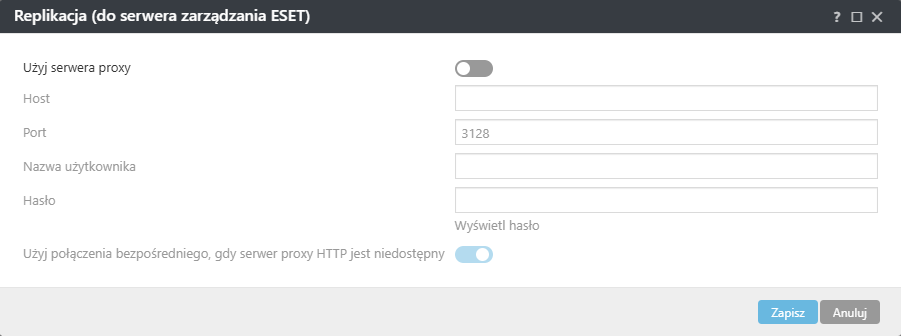 Ustawienia polityki serwera proxy replikacji agenta ESET Management Ustawienia polityki serwera proxy replikacji agenta ESET Management