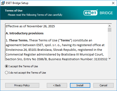 ESET Bridge standalone installer Terms of Use ESET Bridge standalone installer Terms of Use
