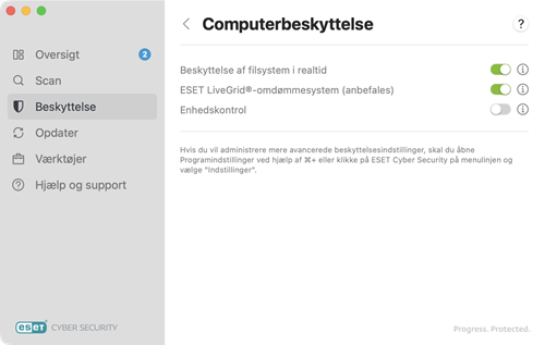 Indstillinger for beskyttelse af computer Indstillinger for beskyttelse af computer