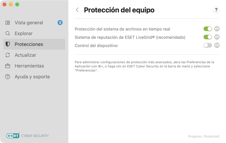 Opciones de protección del equipo