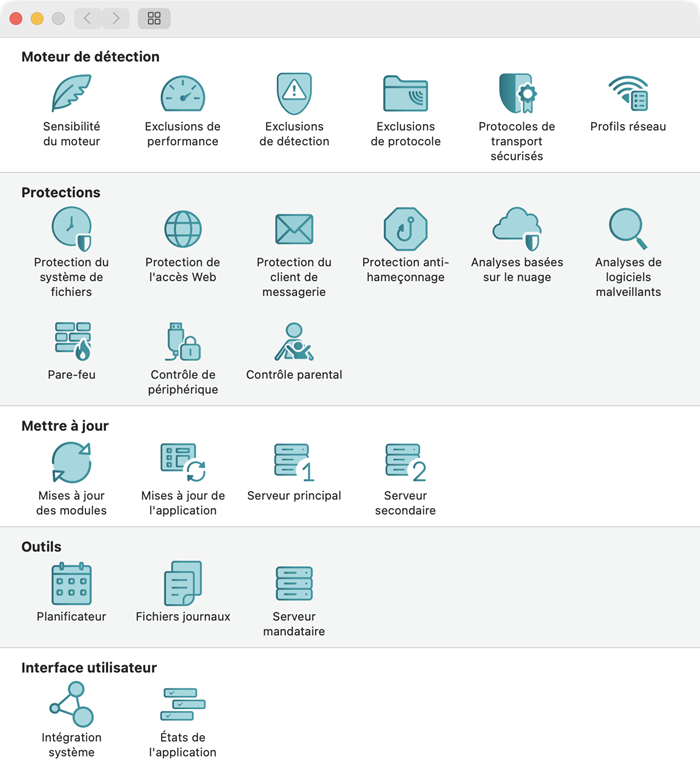 Menu des préférences de l'application