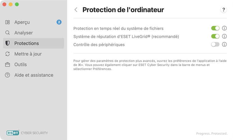 Options de la protection de l'ordinateur