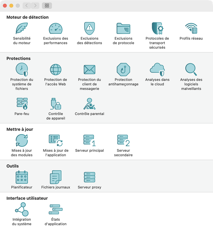Menu des préférences de l'application