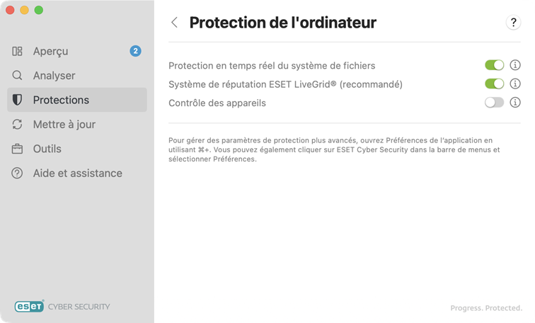 Options de protection de l'ordinateur
