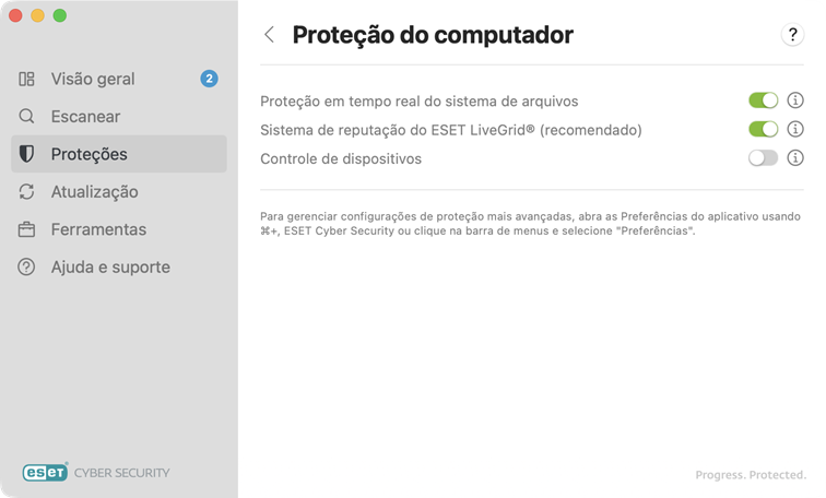Opções de proteção do computador