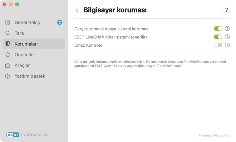 Bilgisayar koruması + güncelleme seçenekleri
